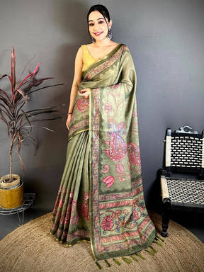 Olive Vintage Pen Kalamkari Chanderi Saree