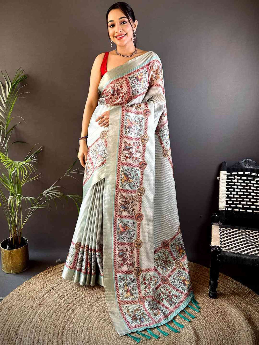 Graceful Mint Green Soft Silk Chex Saree