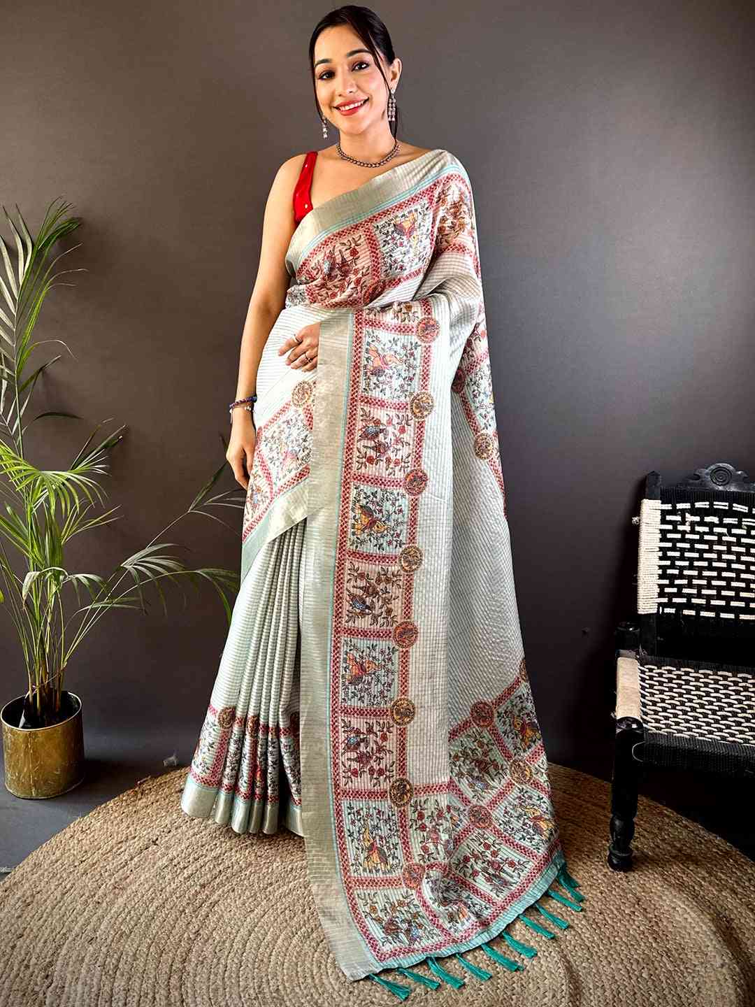 Graceful Mint Green Soft Silk Chex Saree