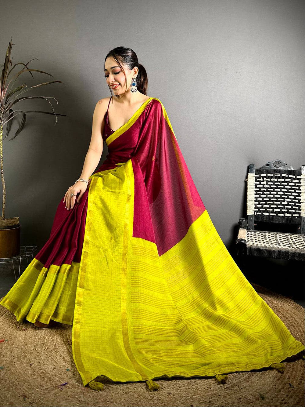 Wine Soft Kota Crepe Contrast Border Saree