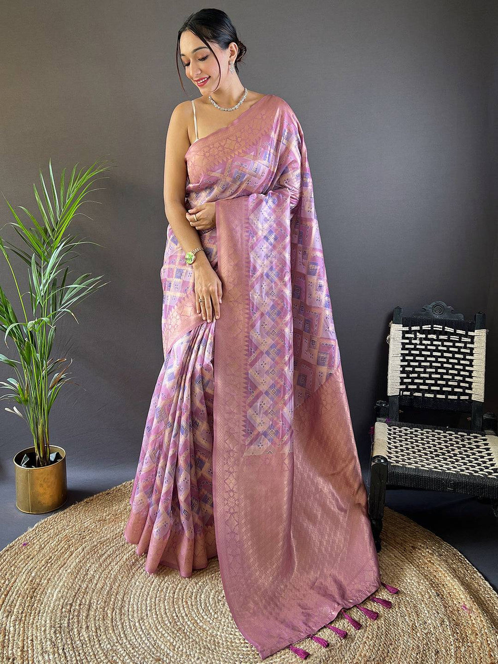 Elegant Iris Lavender Banarasi Saree with Gold and Silver Zari