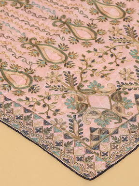Close-up of pink chiffon dupatta with floral threadwork