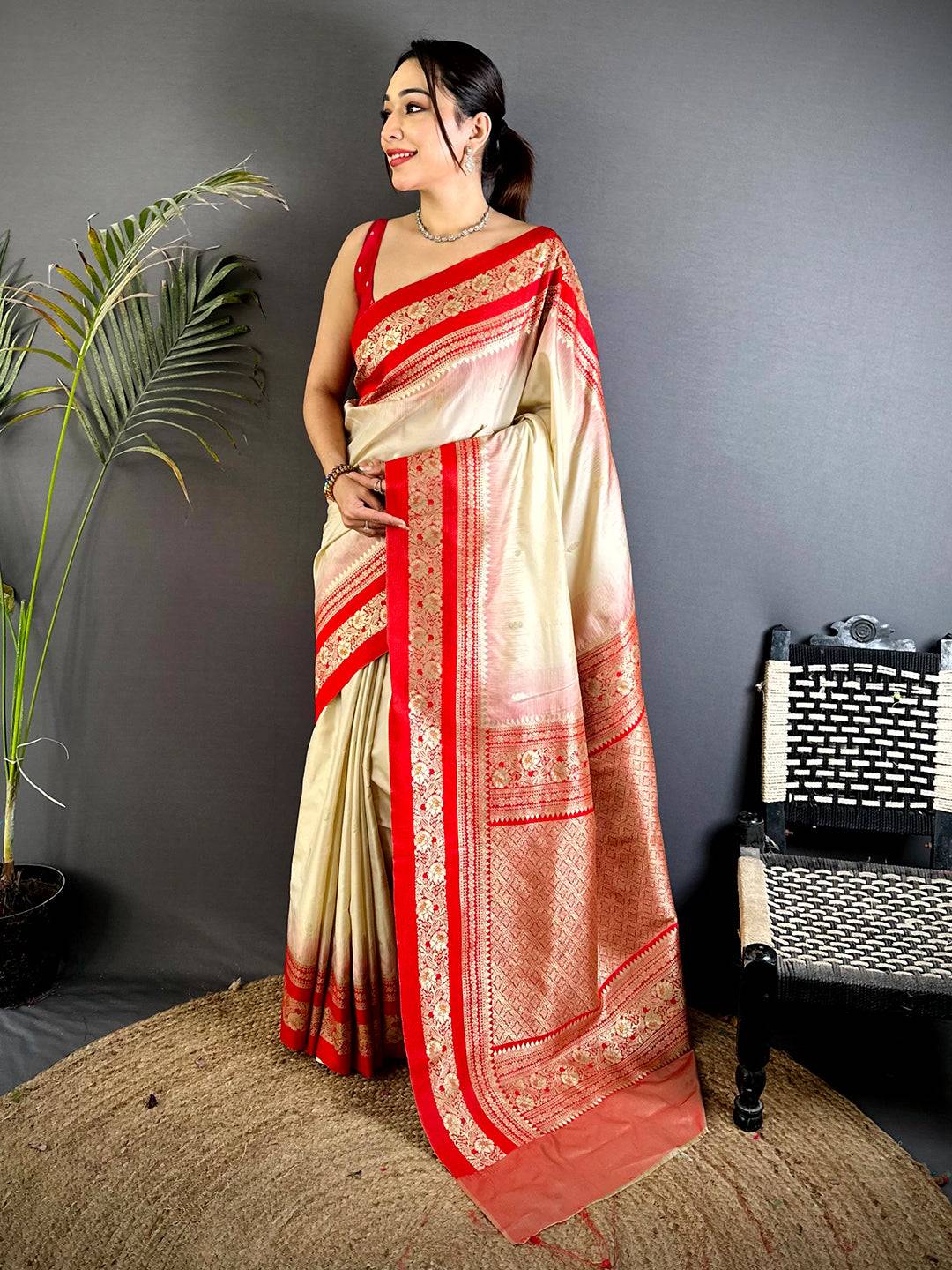 Gold Zari Woven Cream Soft Silk Saree

