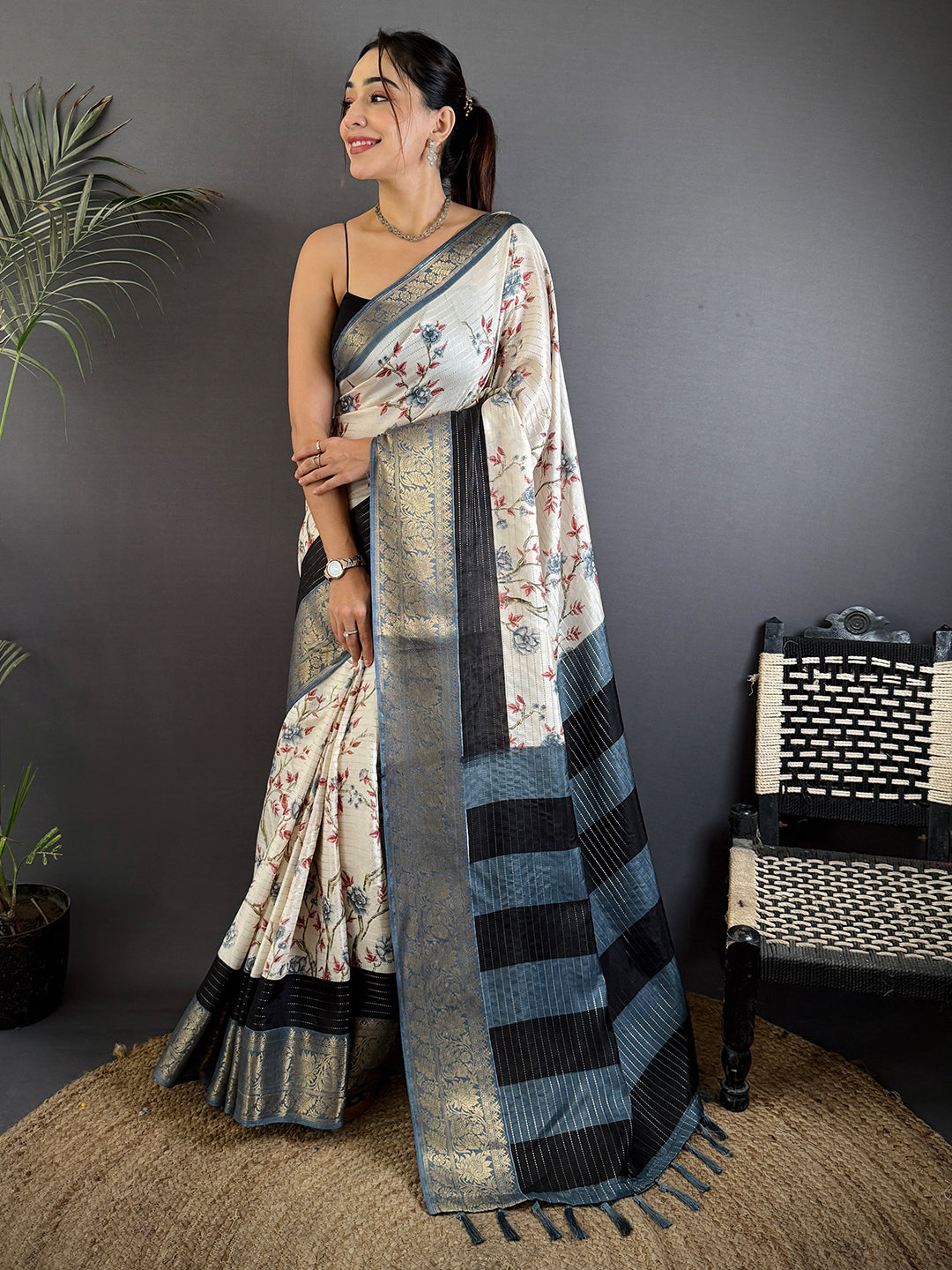 Grey Soft Dola Silk Zari Katha Saree