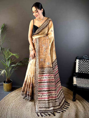 Beige Tissue Digital Print Saree