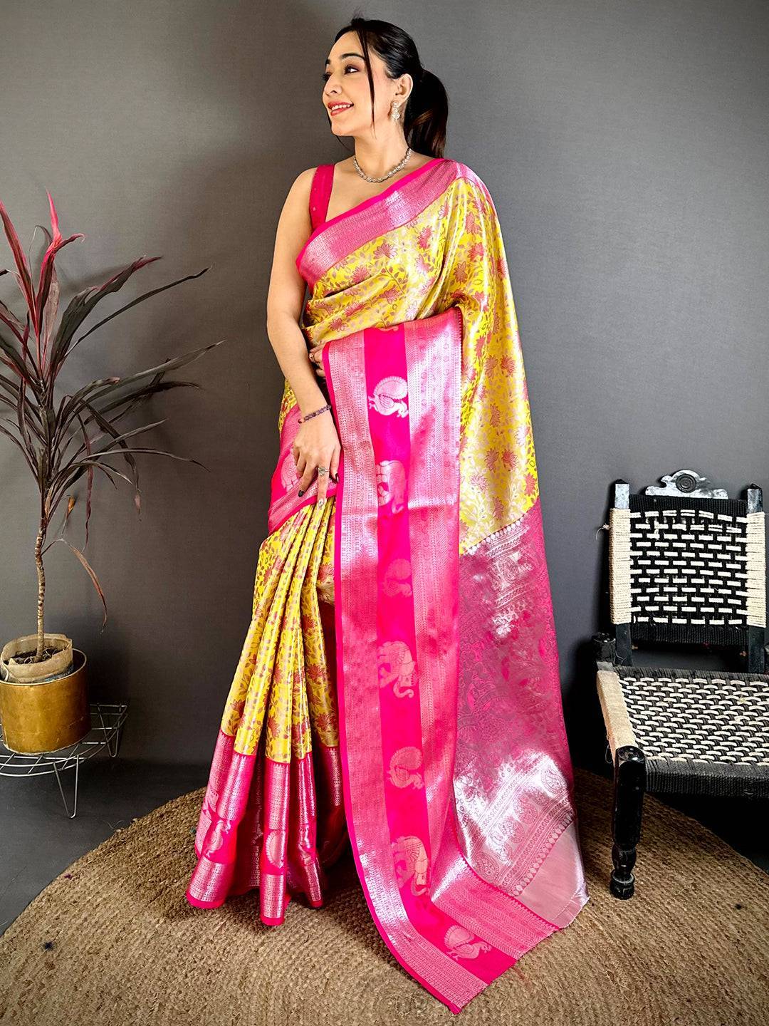 Mustard Dharmavaram Double Ikkat Saree