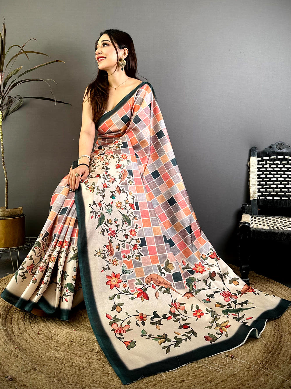 Elegant Tussar Floral Check Print Saree