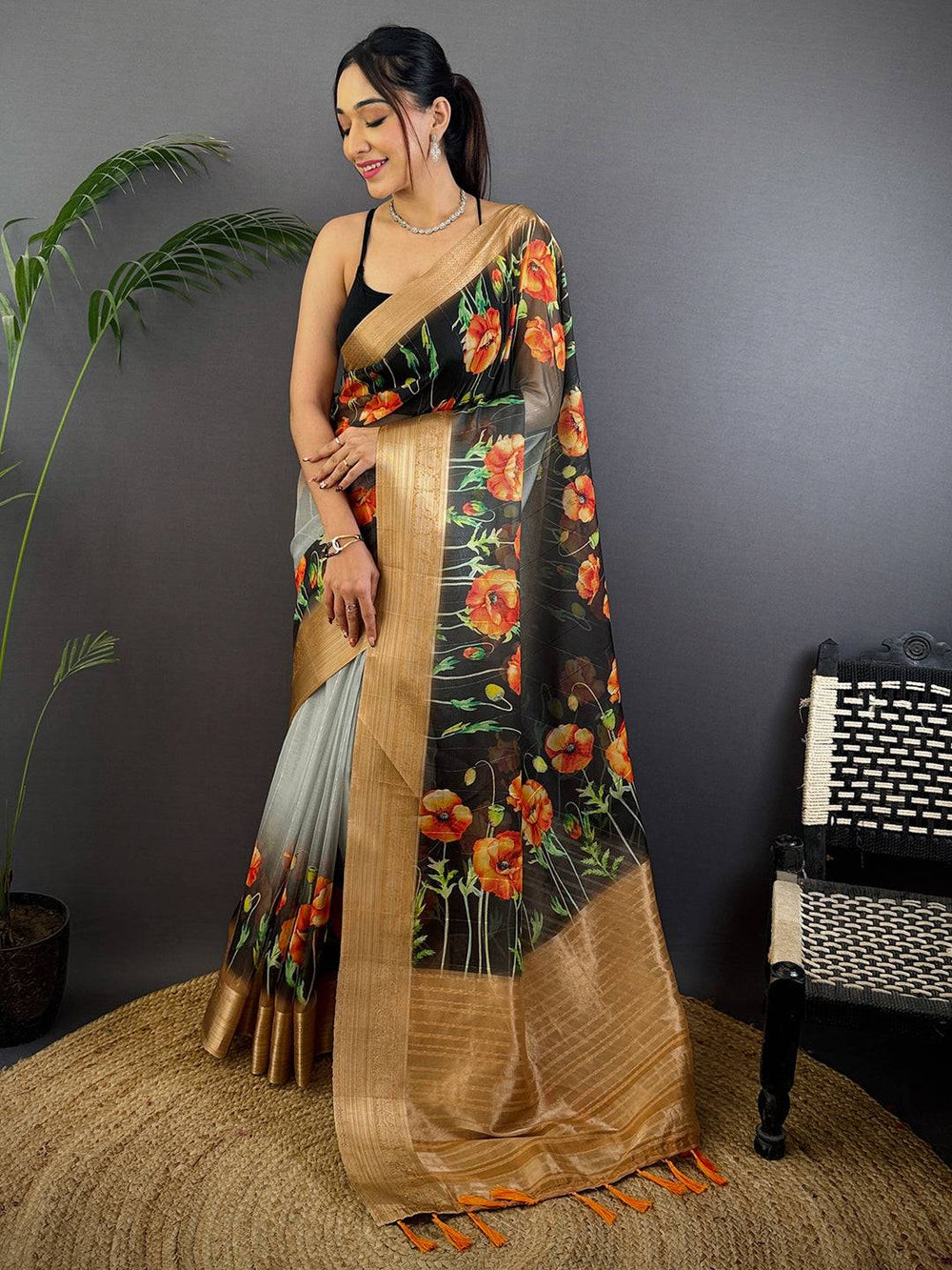 Black Soft Organza Digital Print Saree