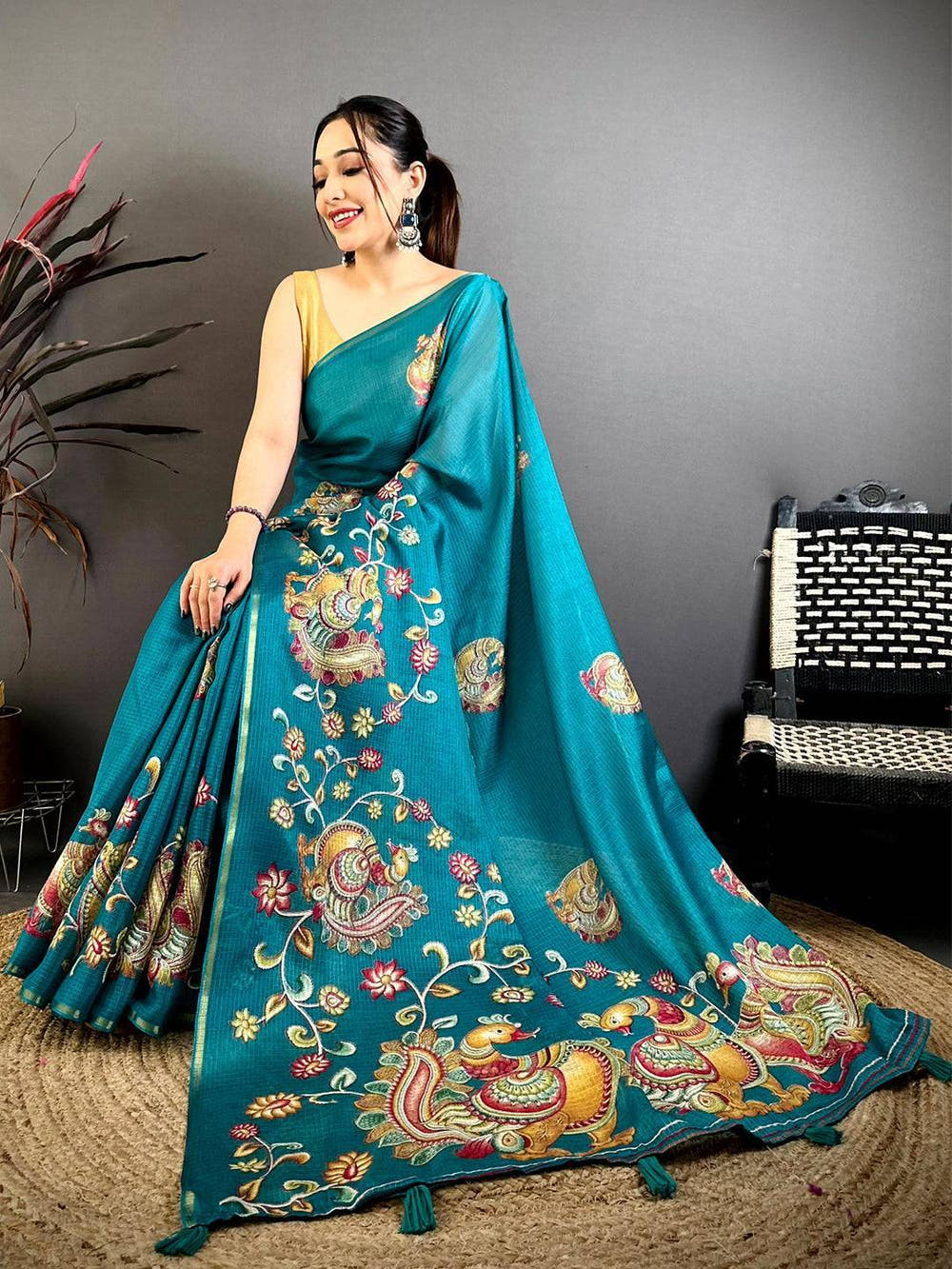 Teal Peacock Kalamkari Kota Saree