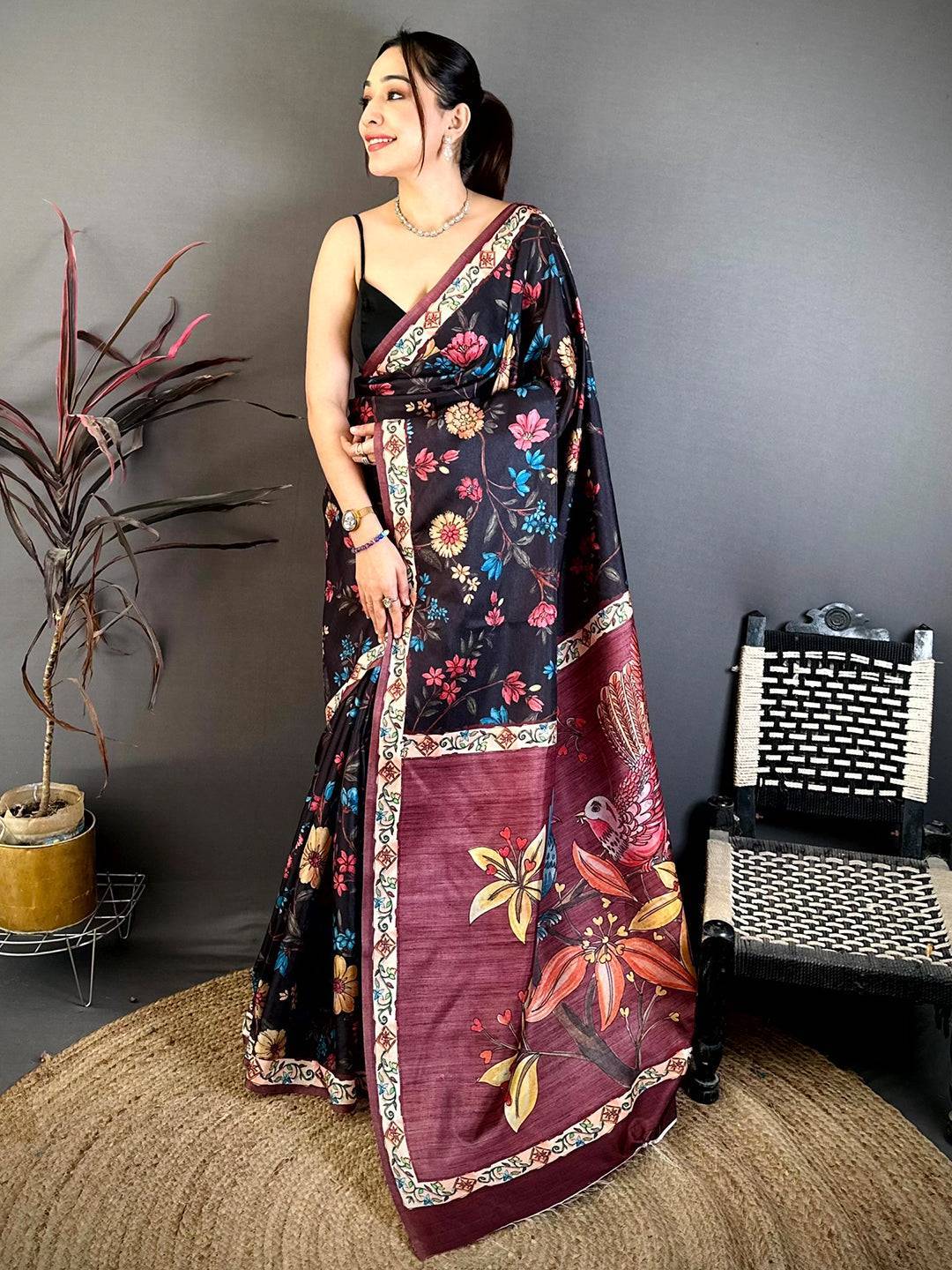 Wine Tussar Pen Kalamkari Print Saree