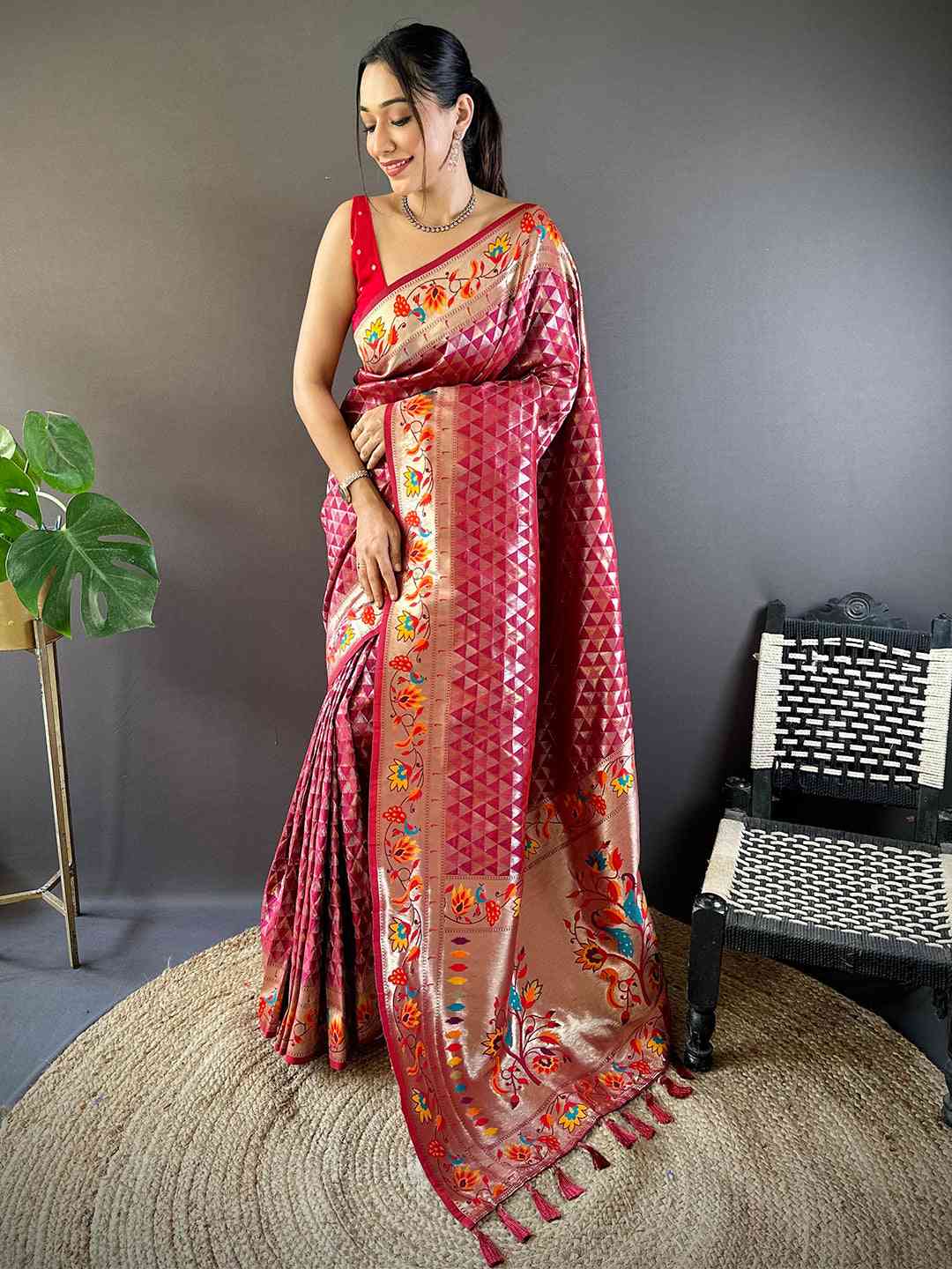 Maroon Silk Blend Woven Zari Work Paithani Saree

