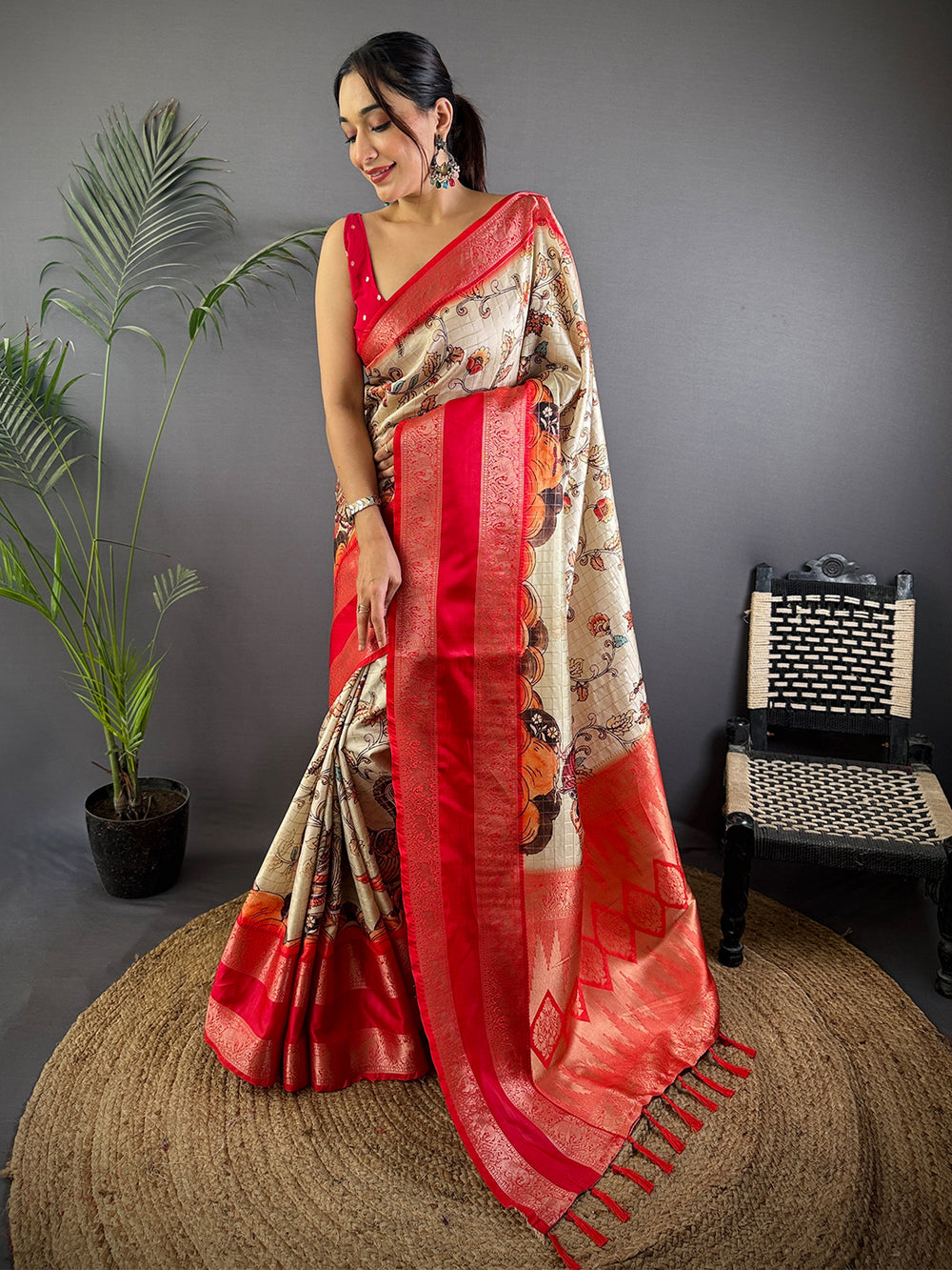 Ethereal Cream Kalamkari Printed Saree