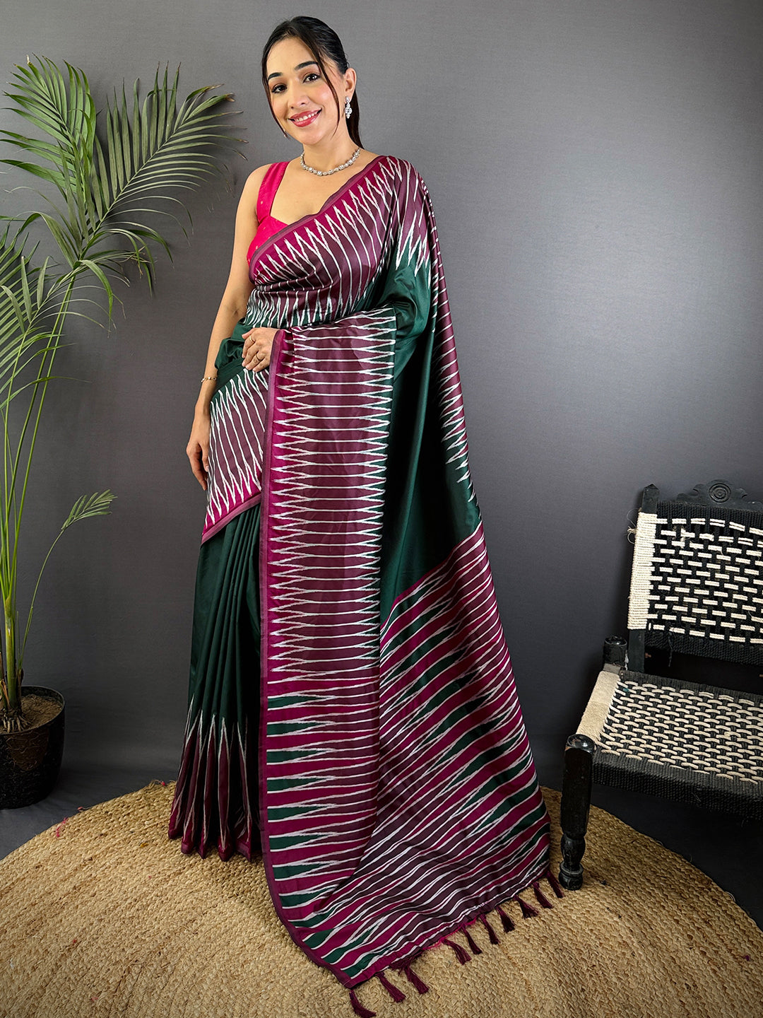 Green Soft Silk Ikkat Zari Weaving Saree