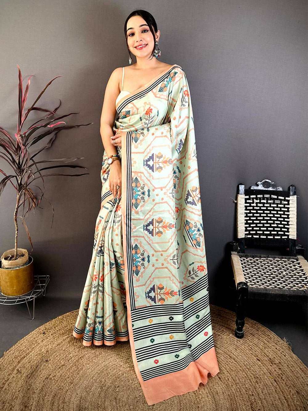 Royal Kalamkari Geometric Tussar Saree