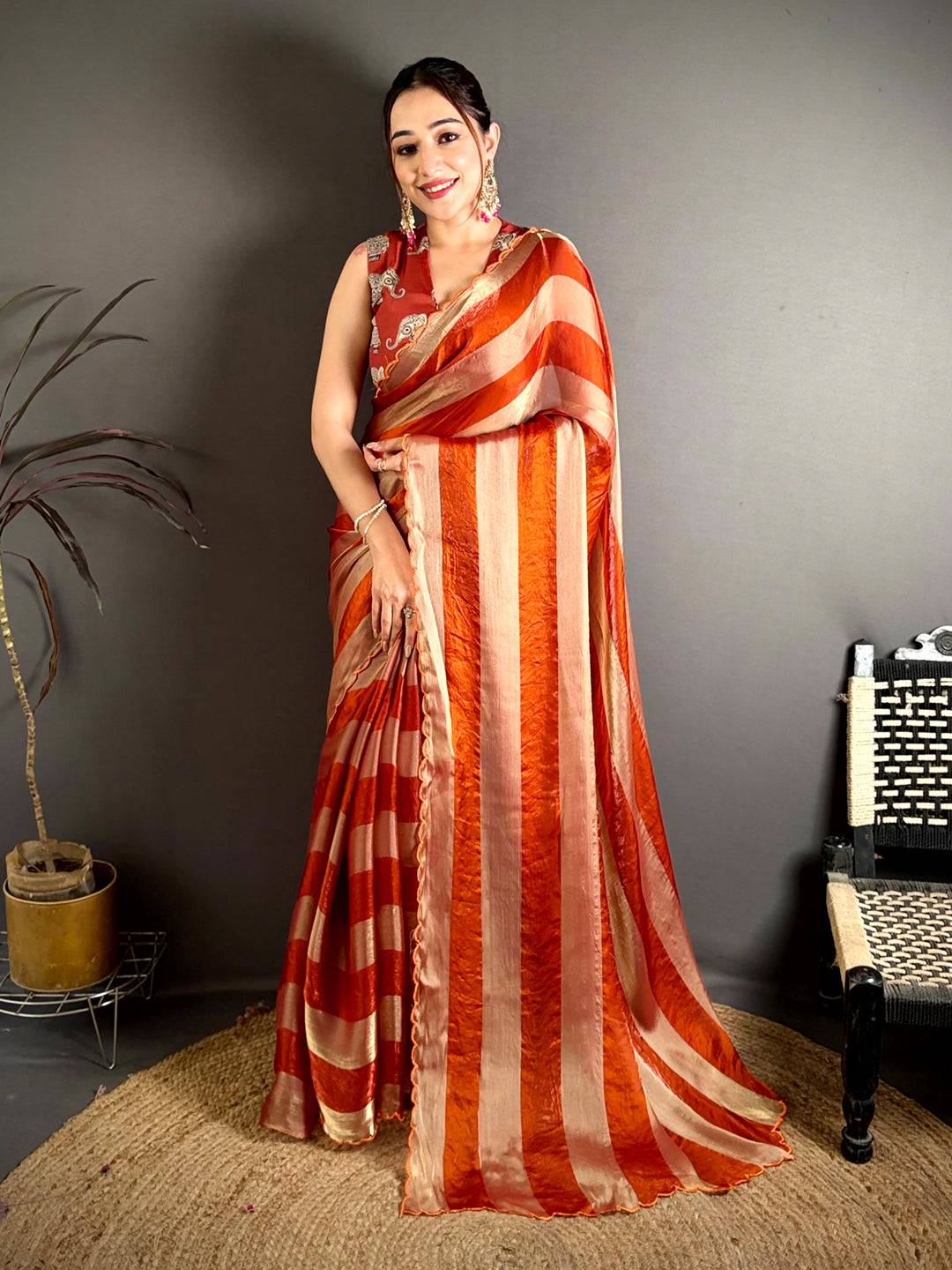 Elegant Shiny Silk Striped Print Saree