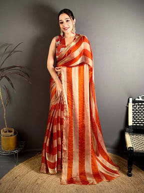 Elegant Shiny Silk Striped Print Saree