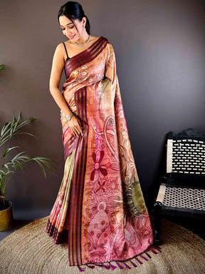 Peach Soft Silk Abstract Geometric Saree