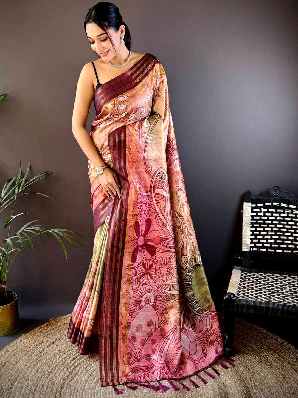 Peach Soft Silk Abstract Geometric Saree