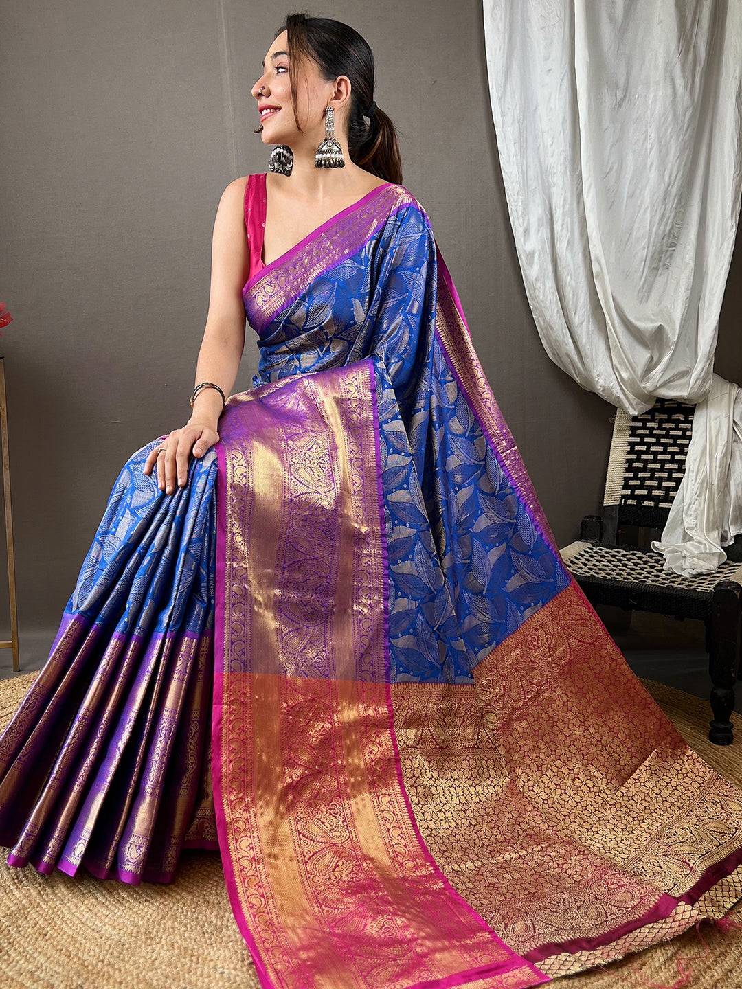 Stunning blue Banarasi Saree with artistic zari patterns