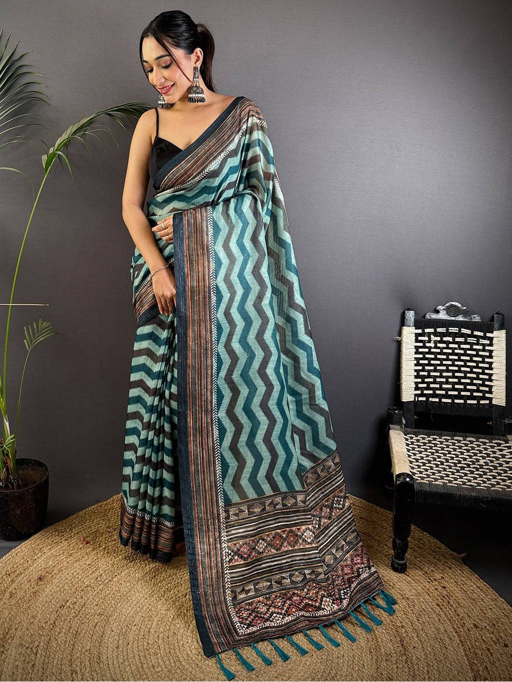 Radiant Geometric Printed Linen Saree