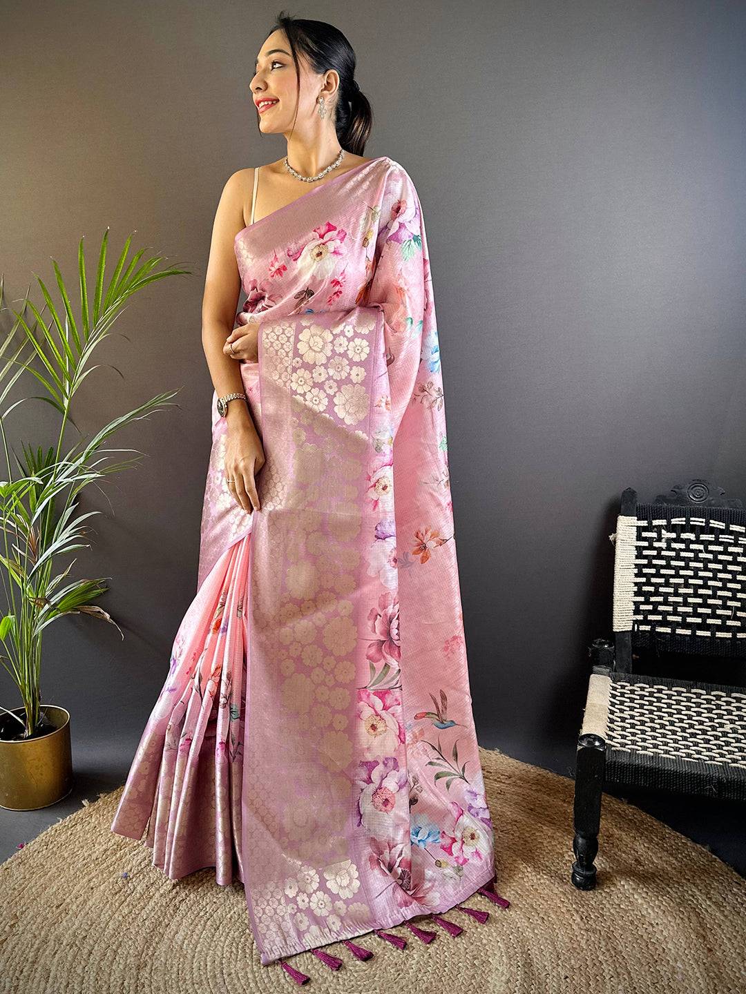 Rose Pink Kota Doriya Zari Floral Kanchi Border Saree