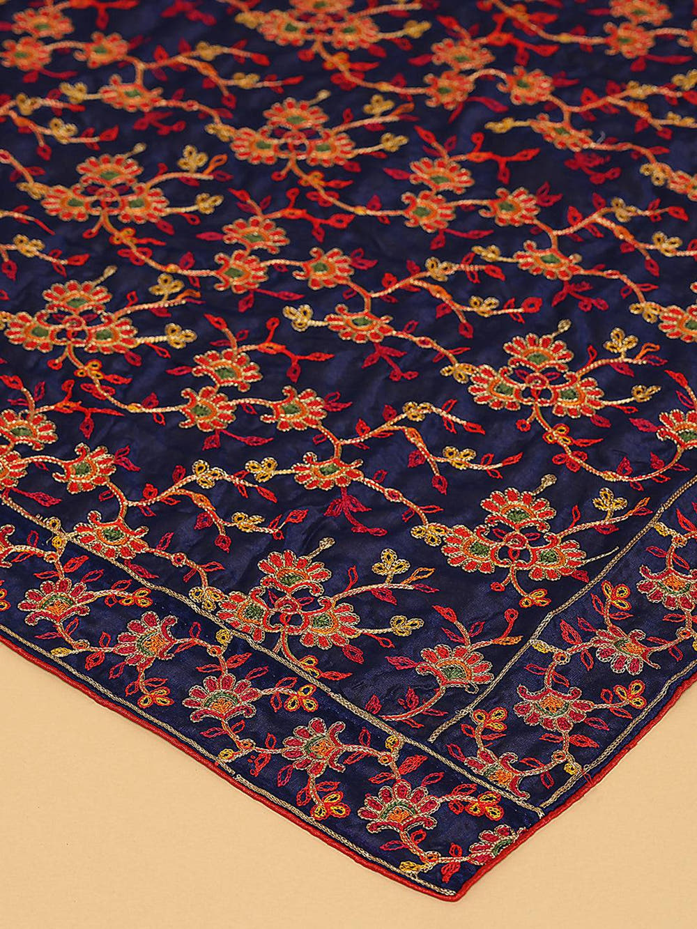 Close-up of navy dupatta with resham thread embroidery