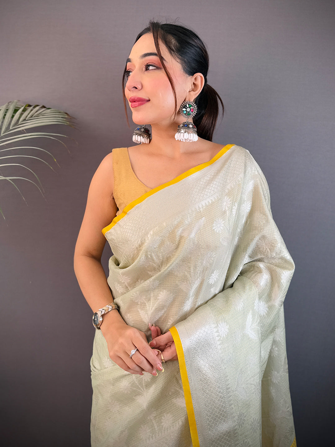 Pastel Sage Green Kota Kora Meenakari Saree