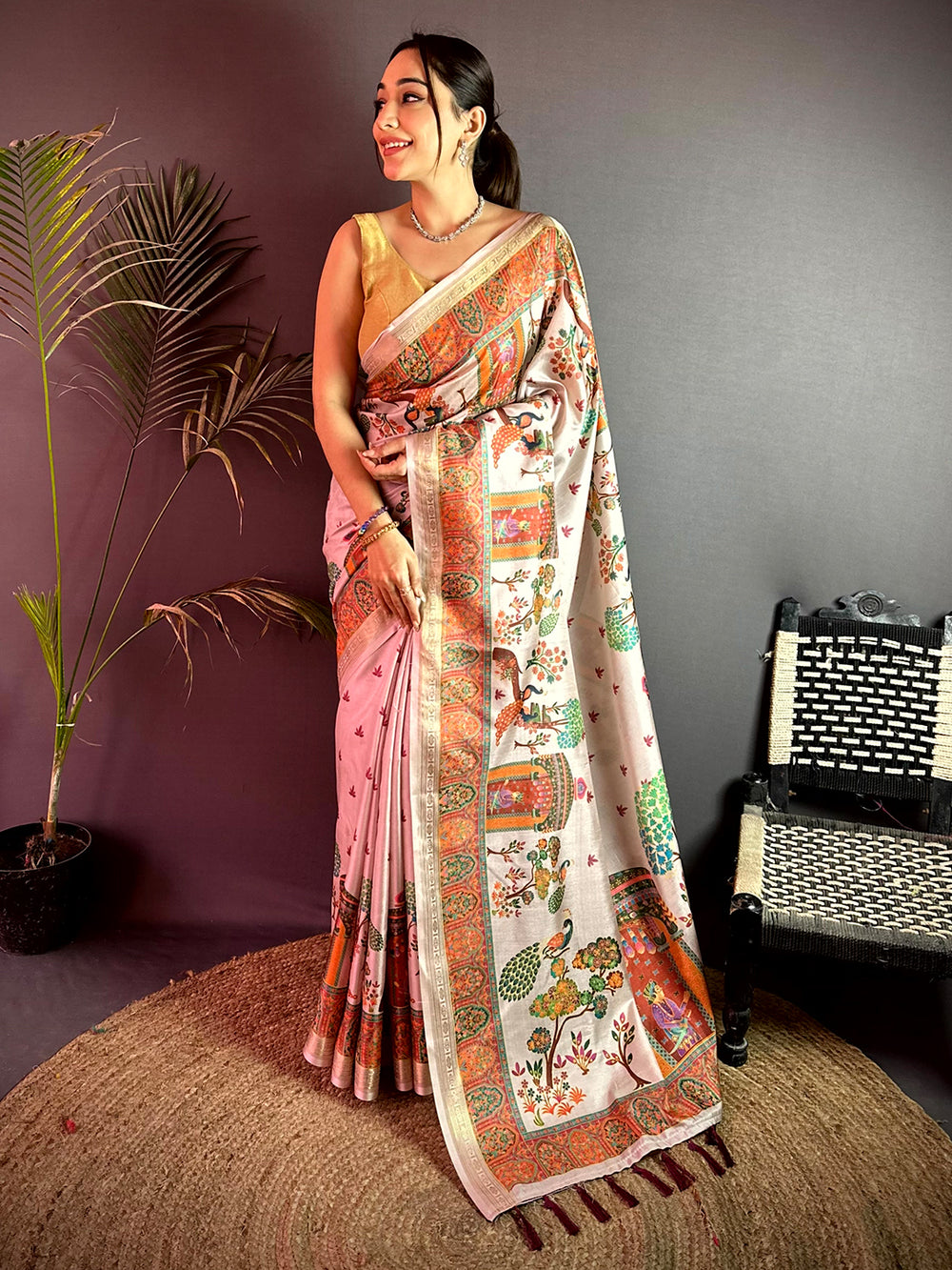 Off White Kashmiri Kalamkari Soft Silk Saree