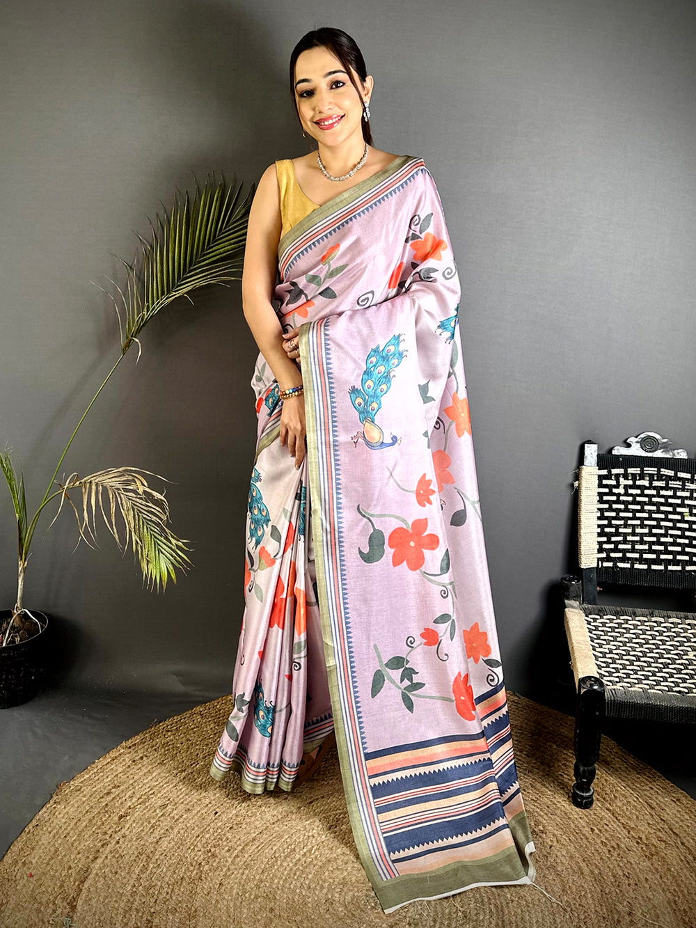 Lavender Floral Tussar Ikkat Border Saree