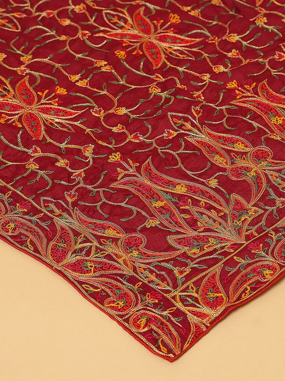 Close-up of Threadwork on Wine Poly Chiffon Dupatta