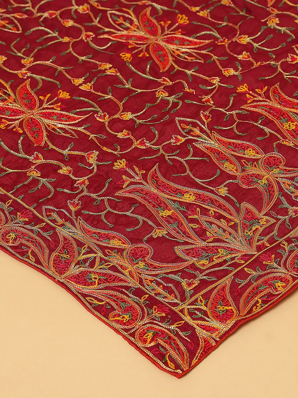 Close-up of Threadwork on Wine Poly Chiffon Dupatta