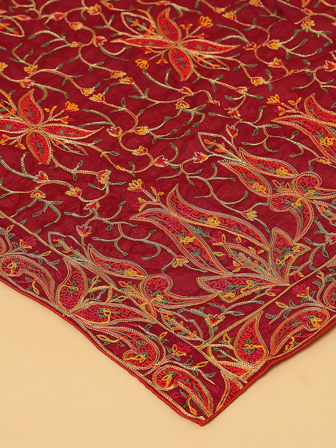 Close-up of Threadwork on Wine Poly Chiffon Dupatta