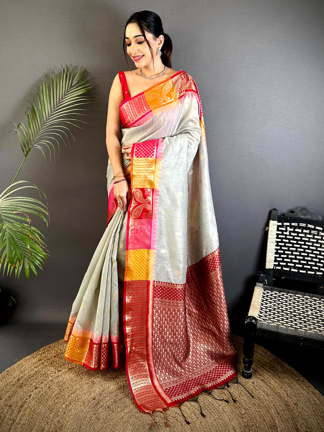 Grey Soft Mull Kanchi Pattu Saree