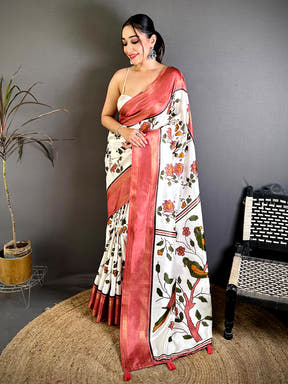 Coral Soft Dola Floral Print Gadwal Border Saree