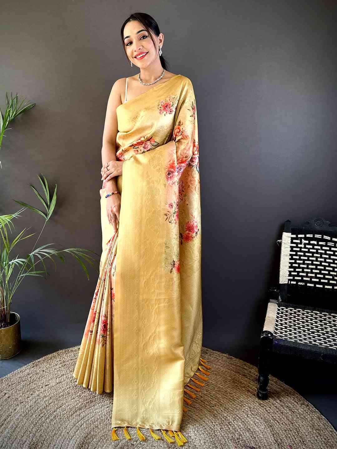 Golden Yellow Kanjivaram Digital Silk Saree