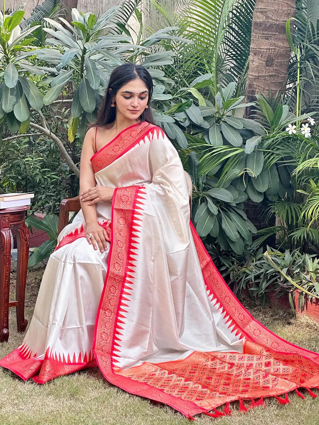 Elegant Banarasi soft silk saree with red Patola pallu