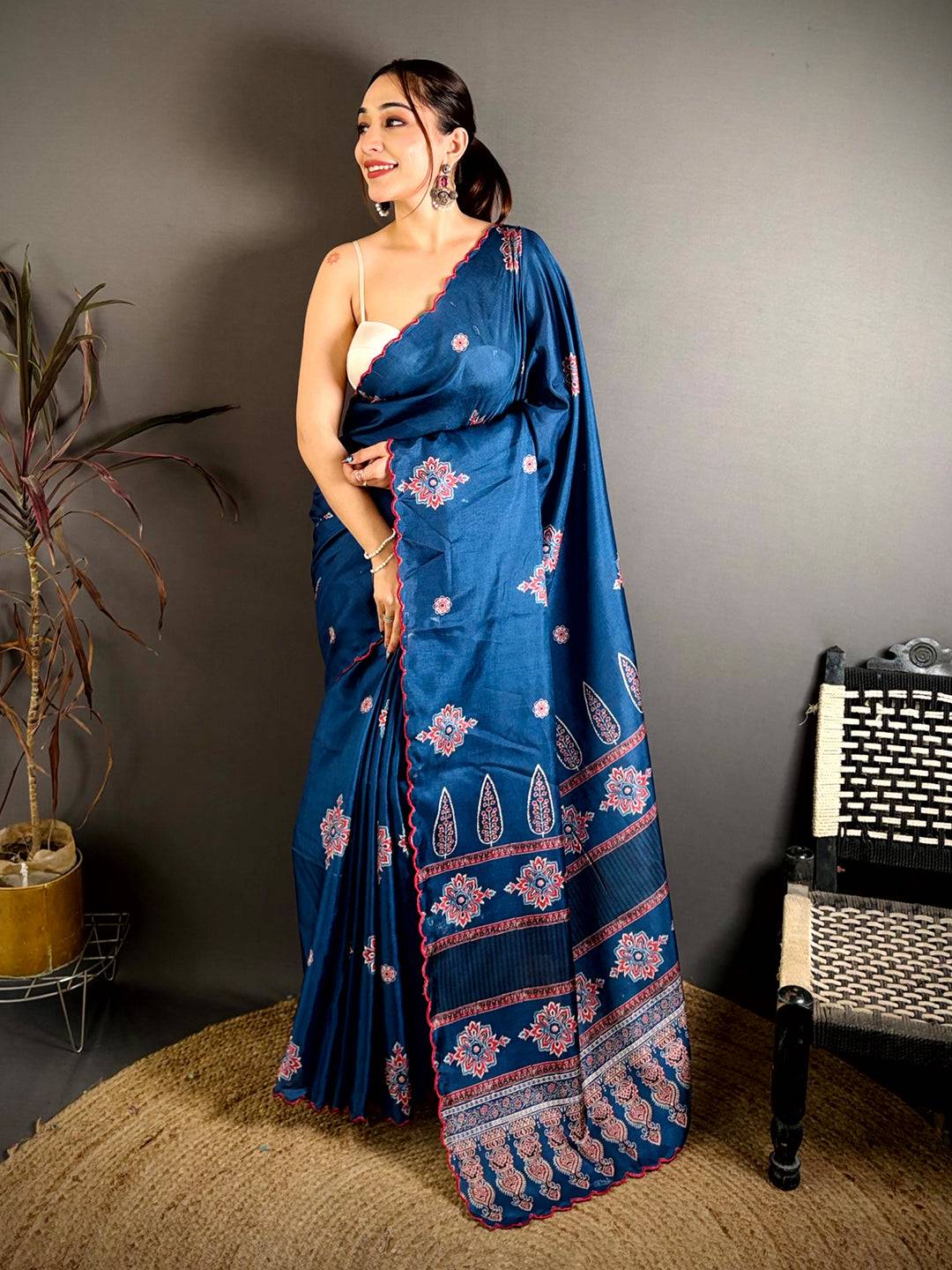 Classic Ajrakh Printed Tussar Saree

