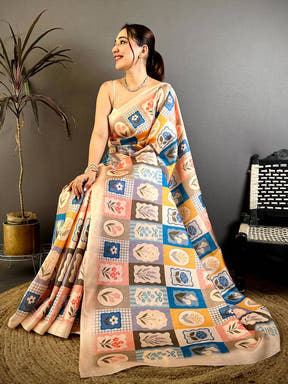 Tussar Multicolour Patchwork Grid Saree