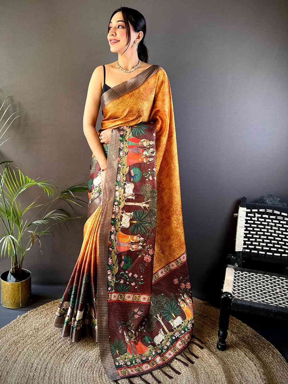 Mustard Kalamkari Pichwai Black Check Saree