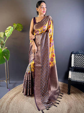 Golden Cross Ikkat Yellow Saree