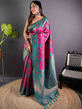 Elegant Banarasi saree in deep pink with zari detailing