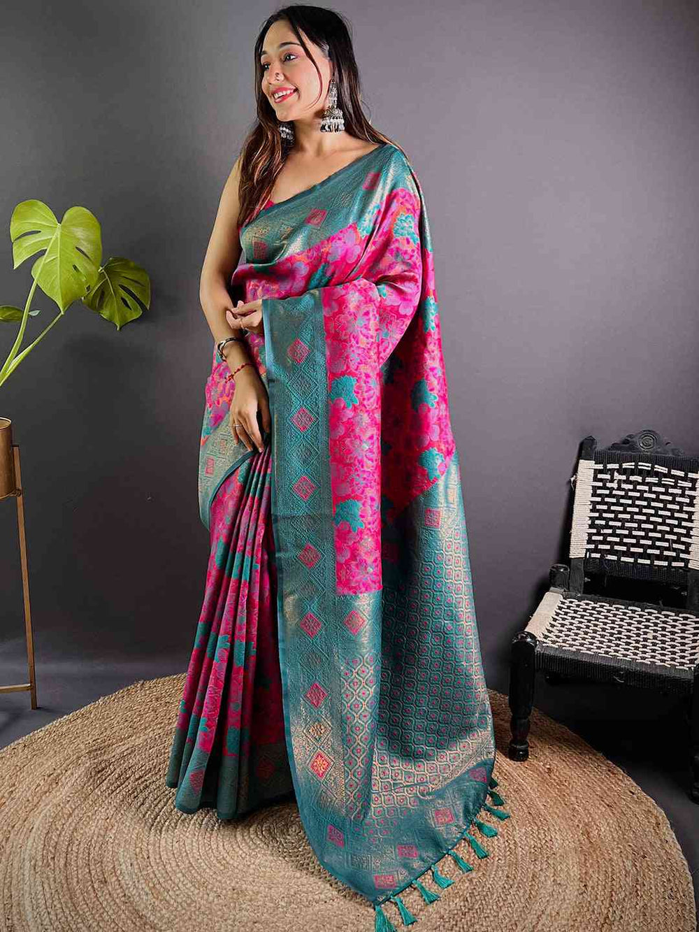 Elegant Banarasi saree in deep pink with zari detailing