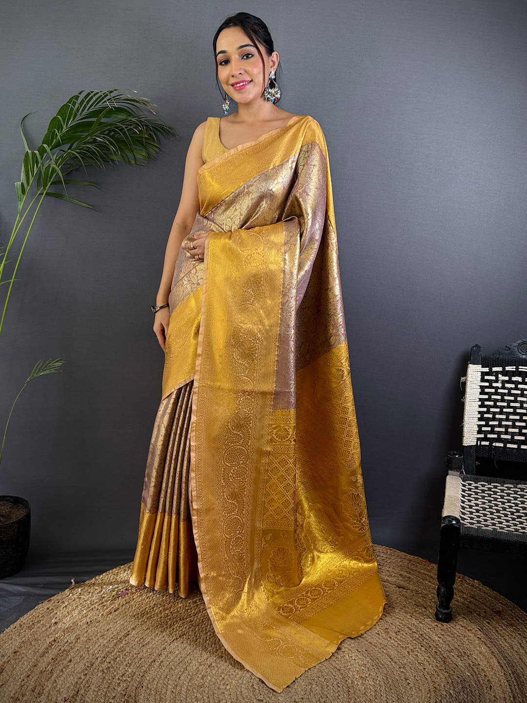 Blush Pink Golden Threadwork Dharmavaram Saree With Maggam Blouse