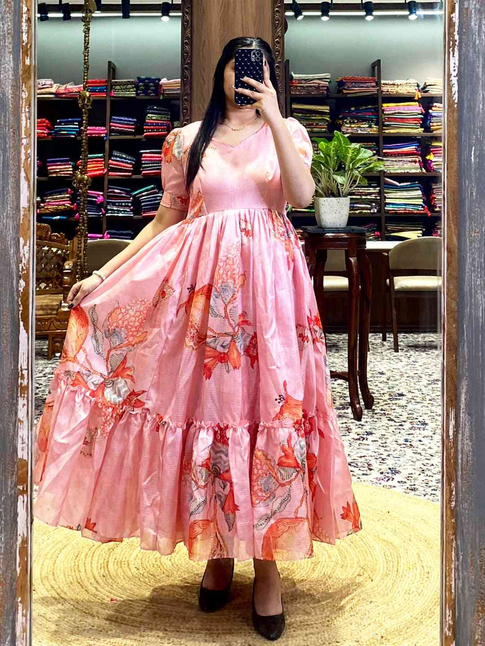 Salmon Pink Floral Print Midi Dress Online Vastranand