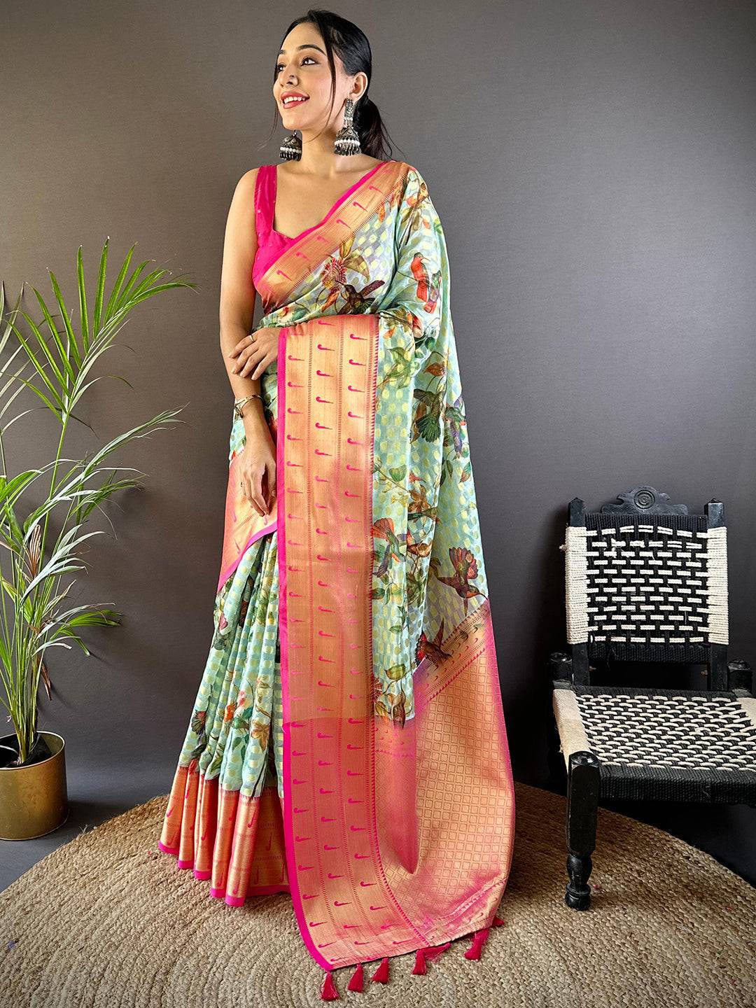 Mint Green Paithani Kora Silk Saree