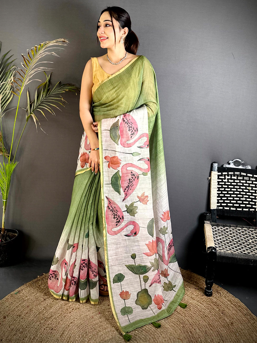 Green Swan Gold Zari Linen Saree