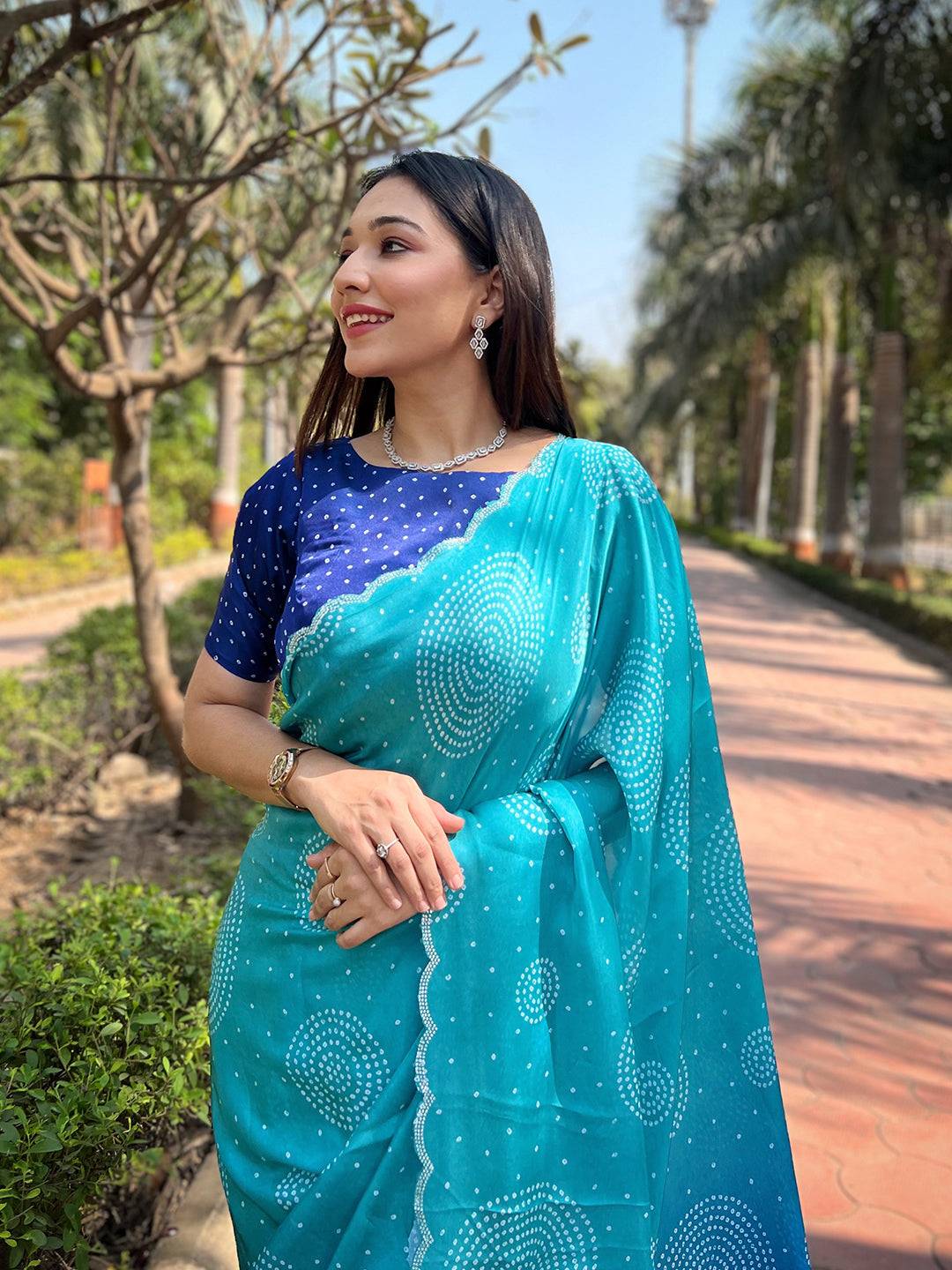 Georgette Silk Saree with Ombre Bandhej Print & Stone Work