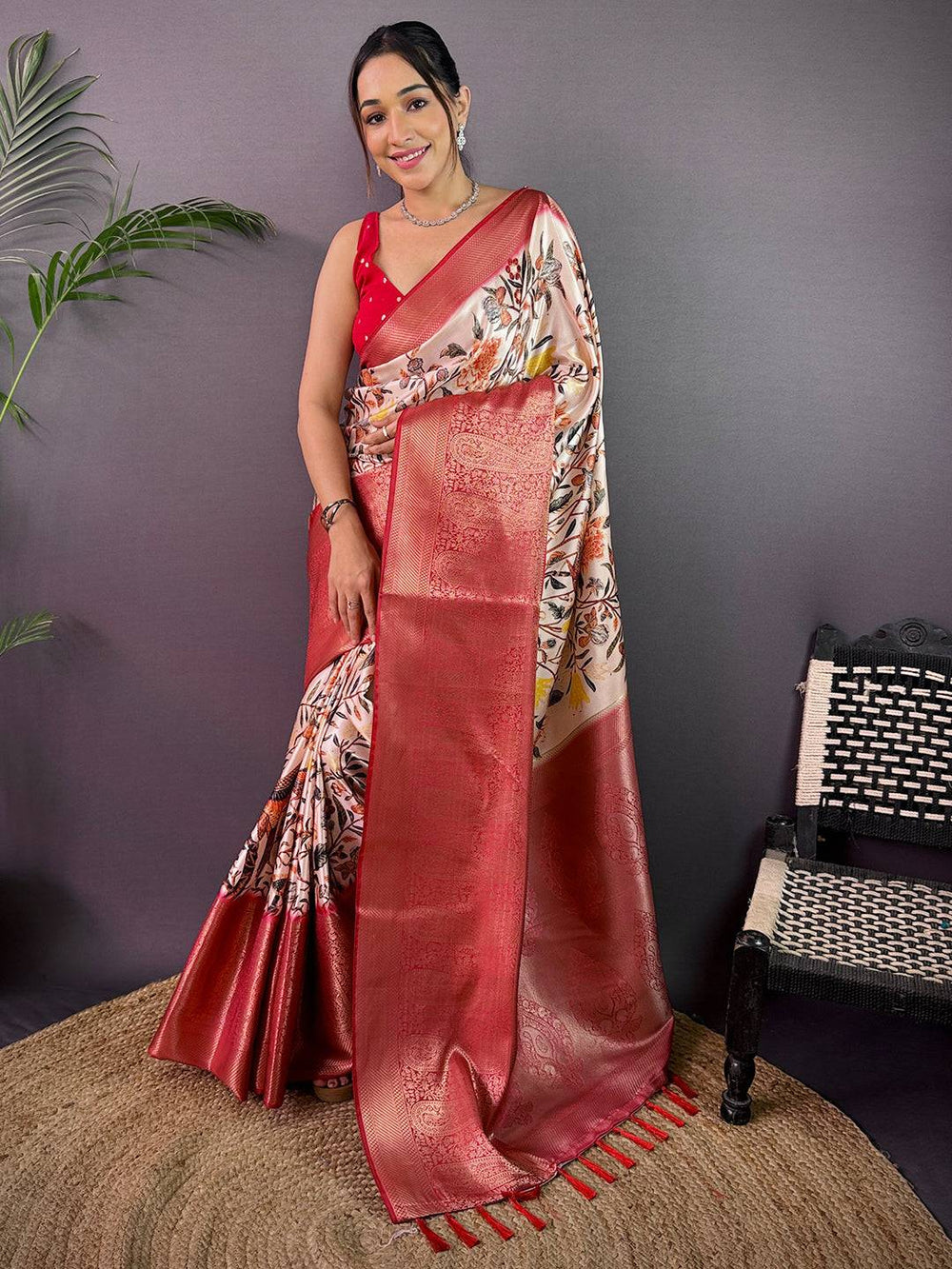 Ivory Cherry Satin Kalamkari Saree