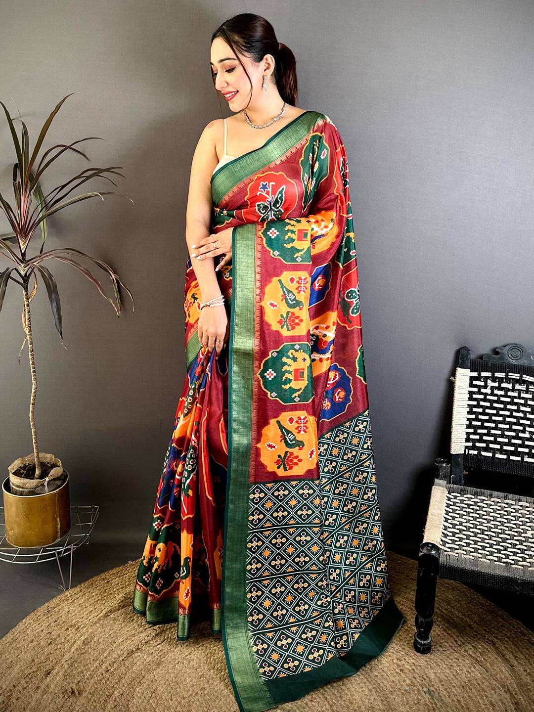 Maroon Soft Dola Big Ikkat Minakari Print Saree