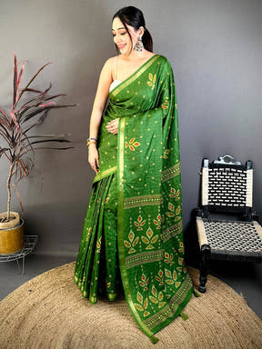 Green Tussar Ghicha Weave Print Saree